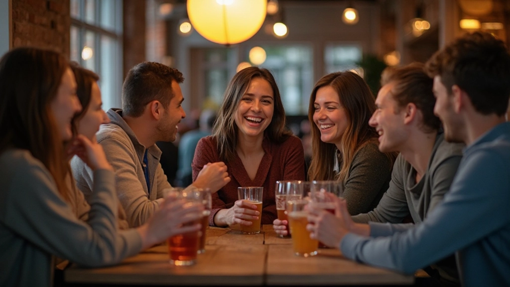 Groep vrienden gezellig samenzittend in een Nederlandse kroeg of café