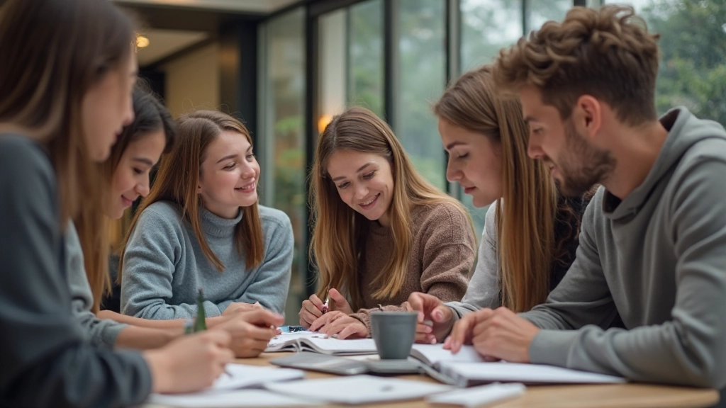 Diverse groep internationale studenten die samenwerken aan Nederlands projectwerk in universiteitsomgeving, vriendschappelijk en ondersteunend