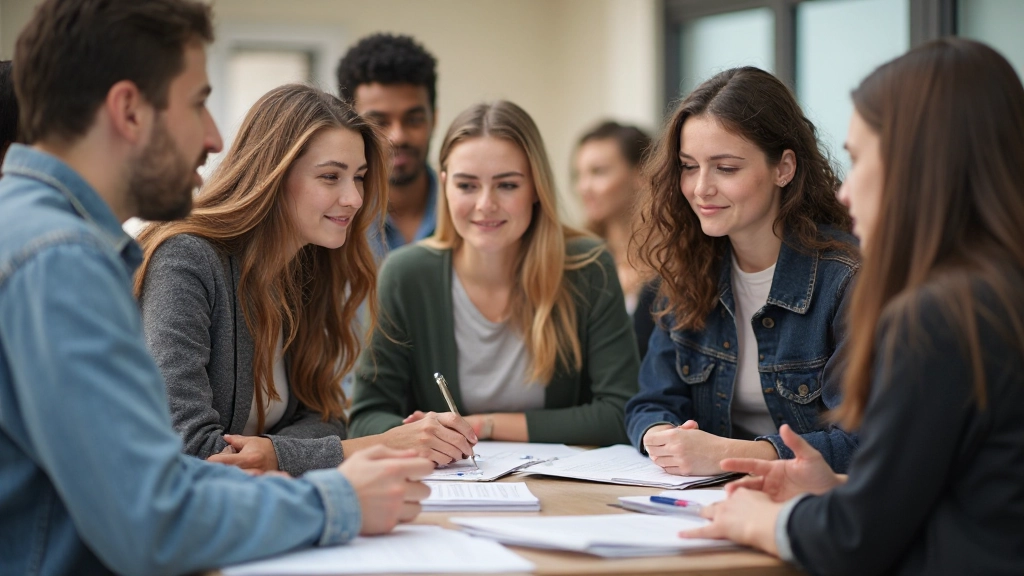 Groep internationale studenten aan tafel met Nederlands leerboeken, gezamenlijk studeren en discussi√´ren