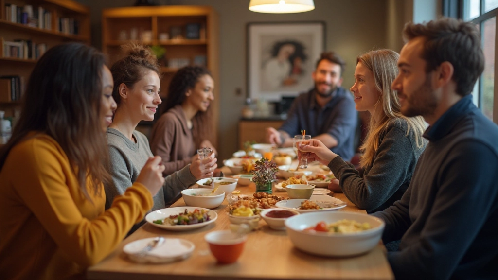Nederlandse studenten in een traditioneel gezelschap rond een tafel met typische Nederlandse hapjes
