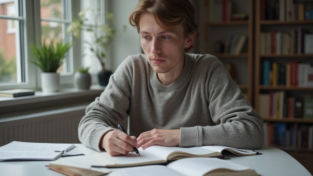 Nederlandse grammaticahandboeken en notitieboeken op bureau met pen en koffie