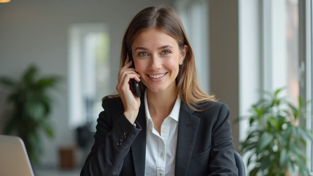 Professionele vrouw voert telefoongesprek op kantoor met vriendelijke houding